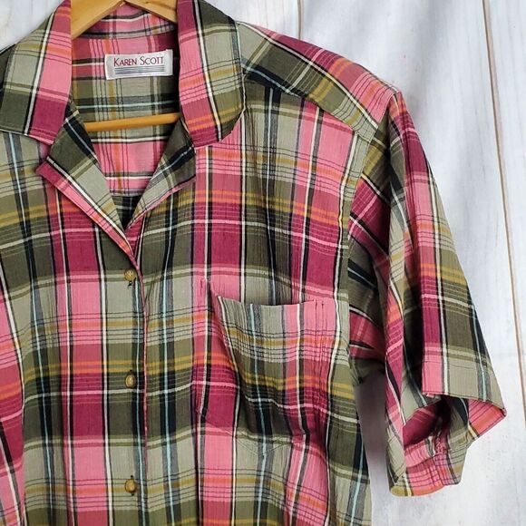 Vintage Karen Scott Blouse Womens Size Large Pink Plaid Button Up Cottage Preppy - Picture 4 of 8